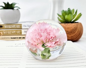 Pink Carnation In Resin Sphere: Romantic Floral Keepsake Gift