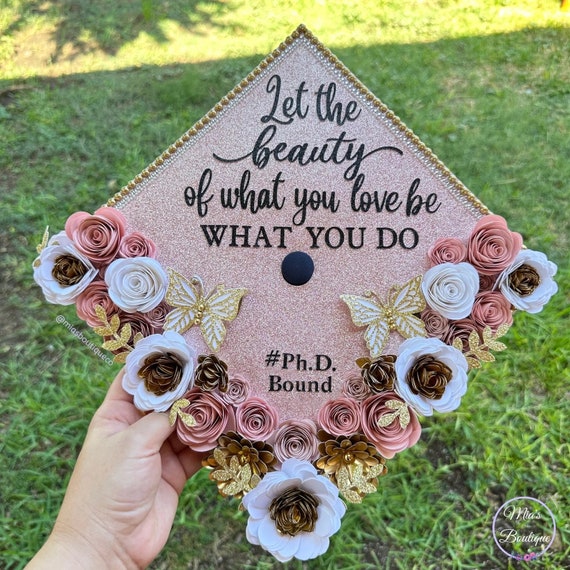 Custom Graduation Cap Topper Pink Gold White Gold Flowers Glitter  Butterflies