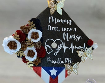 Custom Puerto Rico Graduation Cap Topper, Custom Grad Cap Floral