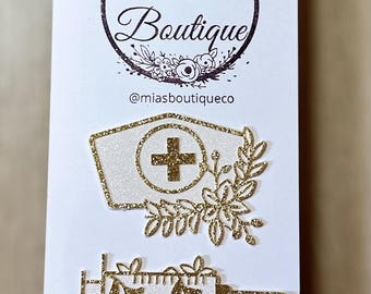 Handcrafted Nurse Hat & Syringe Embellishments: White and Gold Decorations