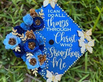 Custom Personalized Graduation Cap Topper Blue Navy Sunflowers Flowers Butterflies Nurse Teacher