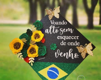 Benutzerdefinierte Brasilien Abschlusskappe Topper Personalisieren Brasilianische Abschlusskappe Brasilien Flagge Blumenabschlusskappe