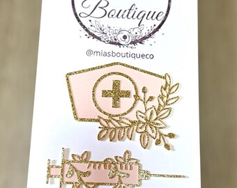 Handcrafted Pink and Gold Nurse Hat & Syringe Embellishments