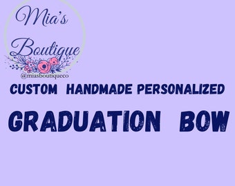 May include: A purple background with a white circle containing the text "Mia's Boutique" with pink flowers. The text "CUSTOM HANDMADE PERSONALIZED GRADUATION BOW" is in blue text below the circle.