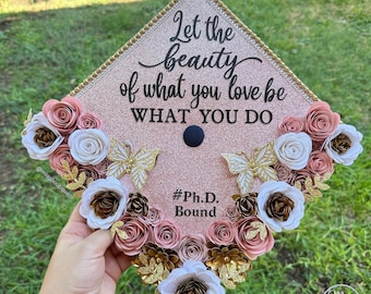 Custom Graduation Cap Topper Pink Gold White Gold Flowers Glitter Butterflies