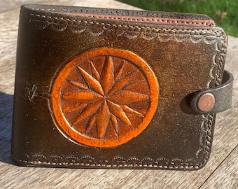 Men's brown wallet in real leather, embossed compass motif