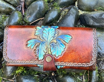 Women's natural leather blue iris flower wallet, hand-made embossed pattern