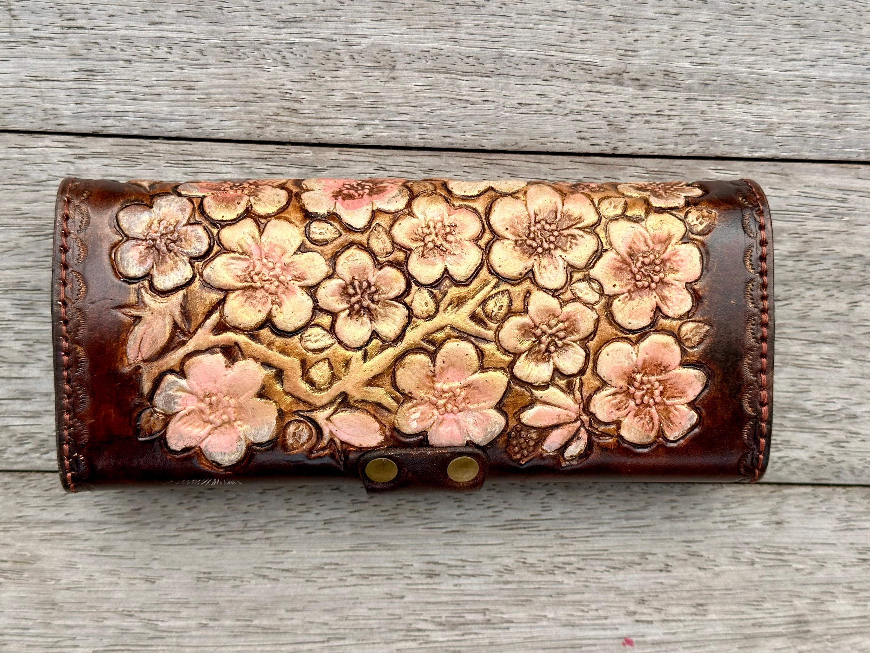 Women's Natural Leather Sakura Flowers Wallet, Hand-made Embossed