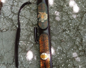 Handmade tooled genuine leather pool cue case with accessory pockets, tiger design. ONLY PRE-ORDER