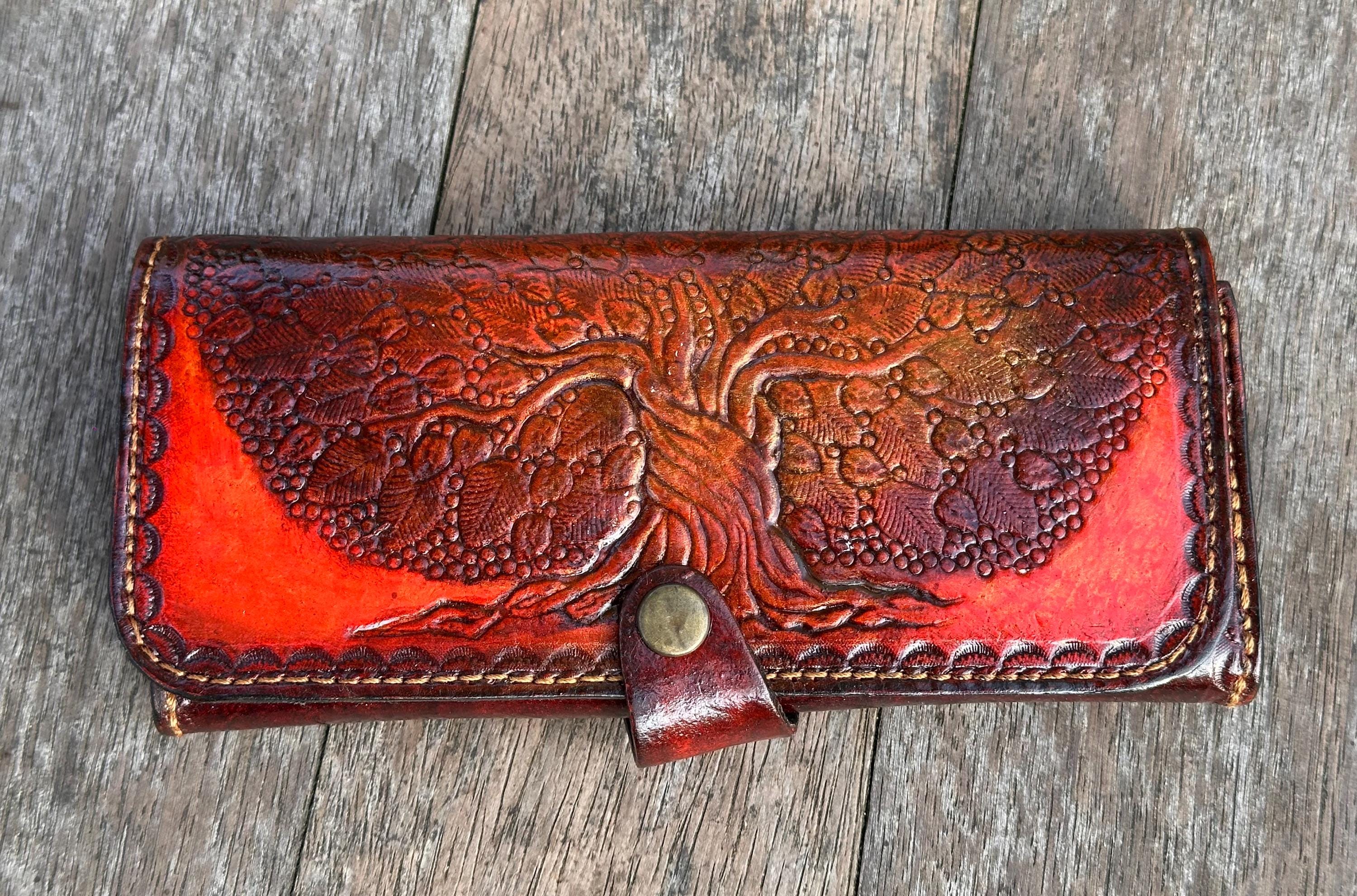 Women's Tree of Life Wallet in Natural Leather, Hand-embossed