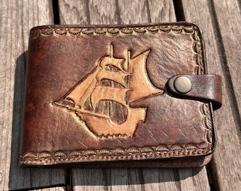 Hand Tooled Sailing Ship Wallet – Men Leather Bifold Wallet – Handmade Sailboat Leather Wallet – Brown Leather Wallet