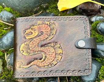 Men's leather wallet with embossed Chinese dragon pattern