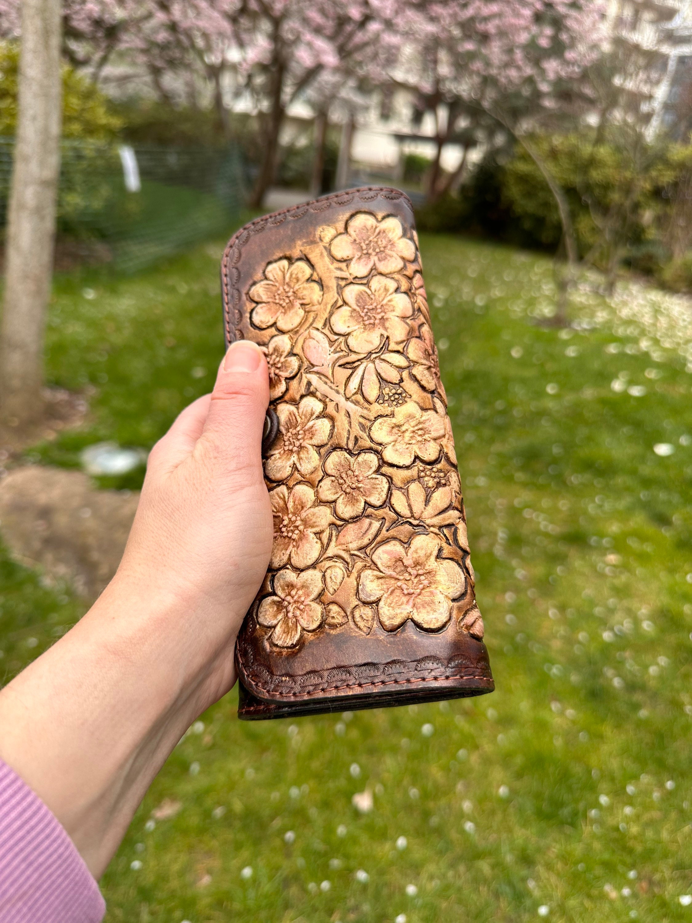 Women's Natural Leather Sakura Flowers Wallet, Hand-made Embossed