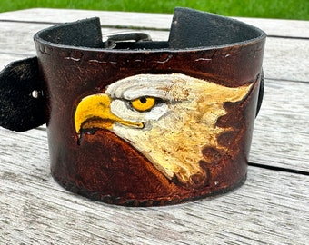 Genuine leather cuff bracelet, embossed eagle emblem