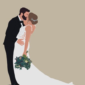 May include: Illustration of a couple in a tender embrace. The man wears a black tuxedo with a bow tie, while the woman is in a white wedding dress and holds a bouquet. The background is a solid beige color.