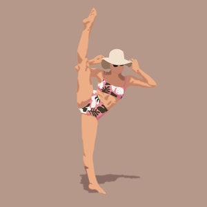 May include: A woman wearing a pink and green floral bikini and a white sun hat poses with one leg raised in the air.