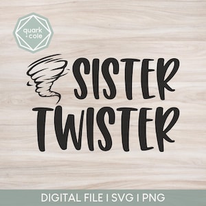 Könnte beinhalten: Schwarzweißes Grafikdesign mit einem Tornado und dem Text "Sister Twister".