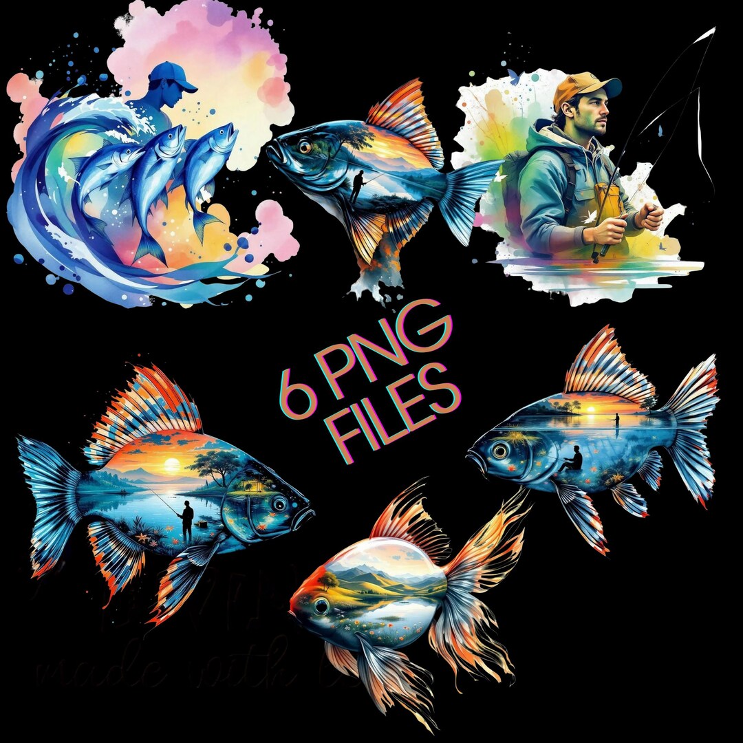 6 Fishing PNG Bundle | Fish Watercolor Art Print | Fisherman T-shirt ...