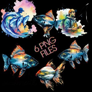 Ensemble d&#39;impression d&#39;art poisson aquarelle : conception de t-shirt pêcheur (téléchargement numérique, ensemble PNG)