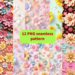12 Pastel Floral Seamless Pattern PNG, 3D Flower Digital Paper Bundle, soft color Floral Wallpaper Baby Nursery Fabric, Digital Download PNG