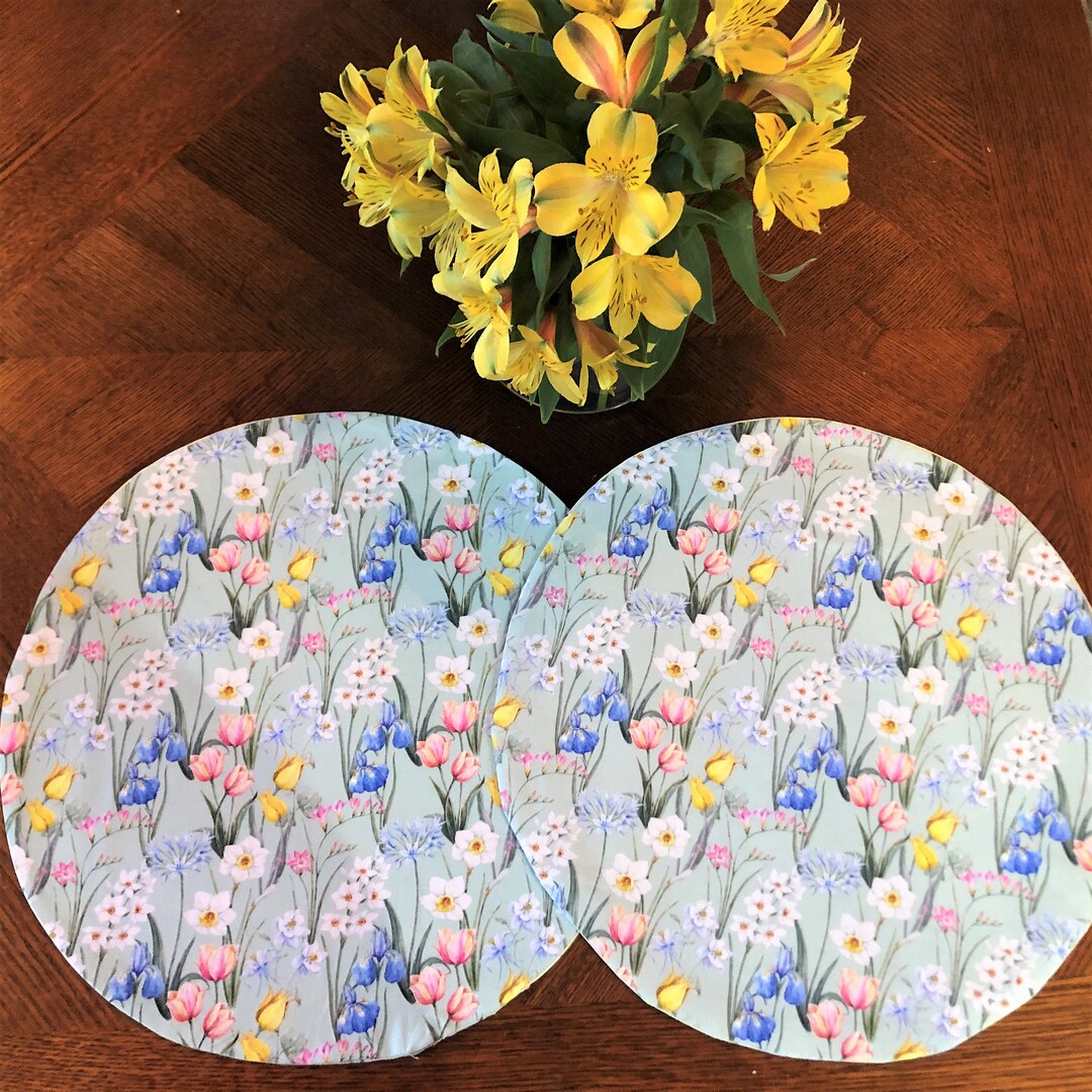 Reversible 2 in 1, Round Fabric Placemats, Floral, Reversable, Washable
