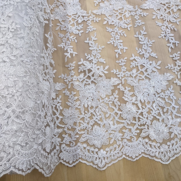 2 Colors of Flower Lace Fabric /White Bridal Lace / Light Ivory Bridal Lace Fabric by the yard