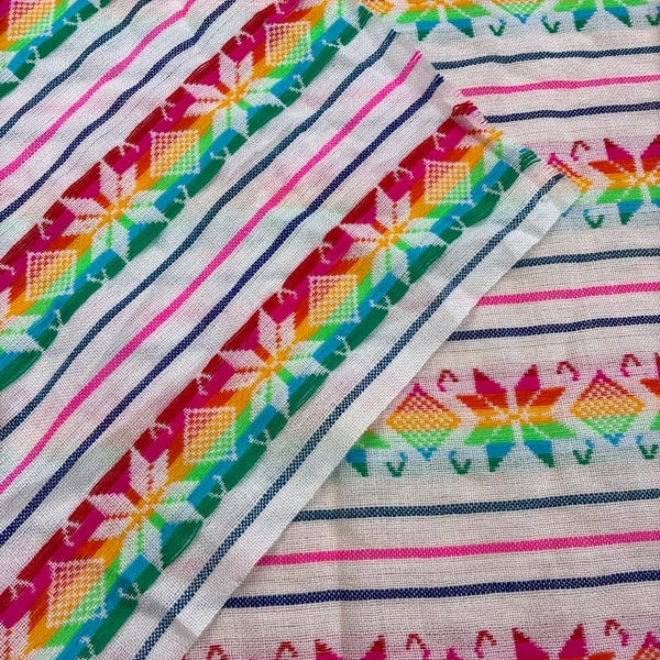 White Multi-Design Mexican Fabric by the Yard | Cambaya Mexicana | Serenata Pattern- Sold by the Yard