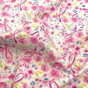 Pink Ribbon on White Cotton Fabric - Cotton Fabric By the Yard