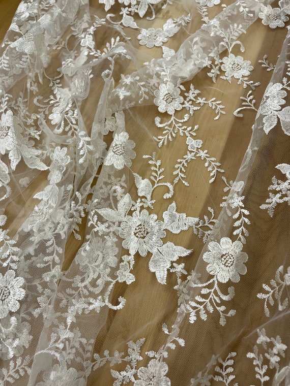 2 Colors of All Over Flower Bridal Lace Fabric By the Yard/ Ivory Lace Fabric/ Off-white Lace Fabric by the yard