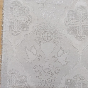 White Silver Brocade Fabric with Crosses/Liturgical Fabric/ Religious Brocade Fabric/ Church Fabric