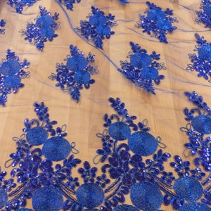 Royal Blue Swirl Lace Fabric with Sequins - By the Yard