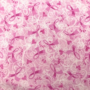 Pink Ribbon on Pink Cotton Fabric - Cotton Fabric By the Yard