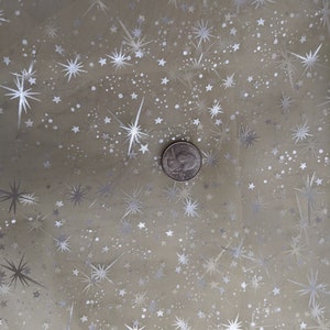 May include: A close-up of a sheer, light beige fabric with a silver glitter pattern of stars and dots. A silver coin is placed on the fabric.