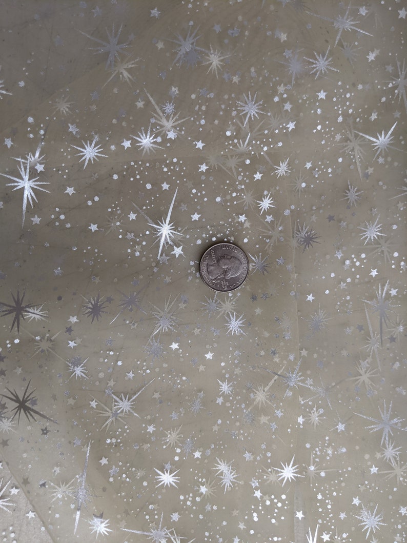 May include: A close-up of a sheer, light beige fabric with a silver glitter pattern of stars and dots. A silver coin is placed on the fabric.