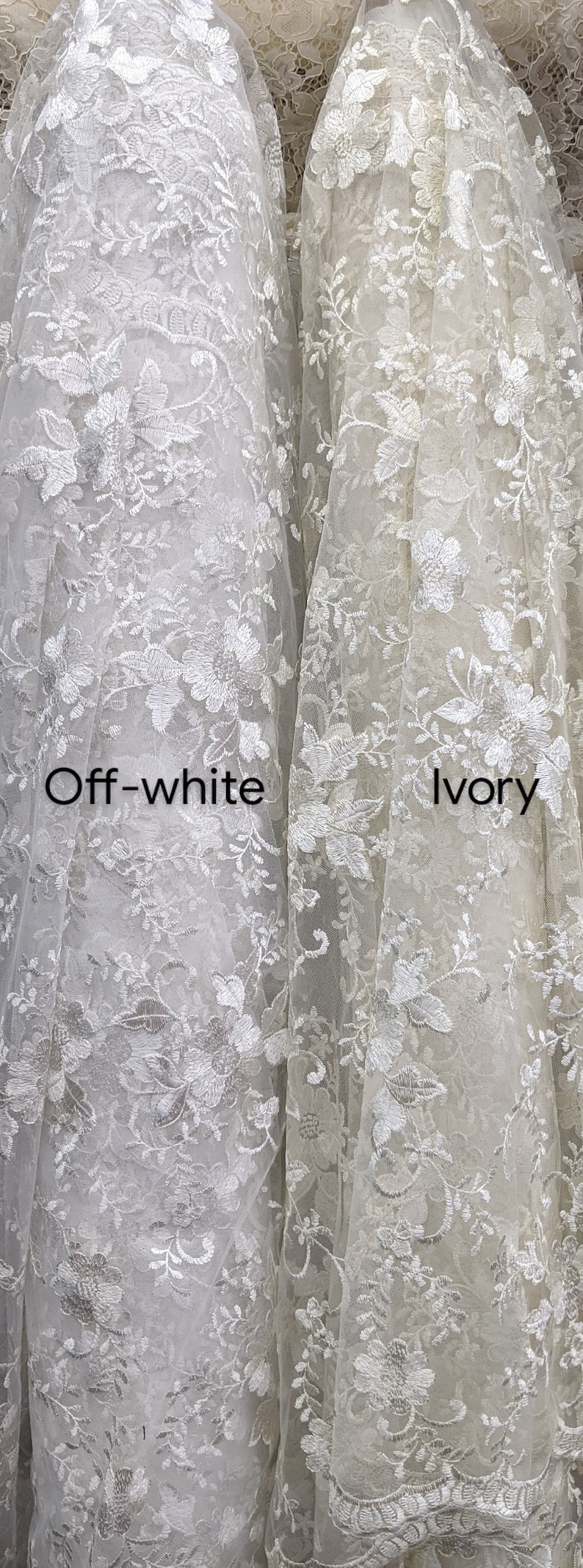 May include: Close-up of two fabrics, one off-white and one ivory, both with intricate floral lace patterns. The off-white fabric is on the left, and the ivory fabric is on the right. The text "Off-white" and "Ivory" are visible.