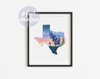 Texas Bluebonnet druckbare Wand Kunst Druck US Bundesstaat Texas Wand Dekor Aquarell Blumen Kunst druckbare