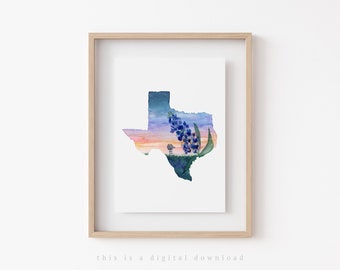 Texas Bluebonnet druckbare Wand Kunst Druck | Bundesstaat Texas Wand-Dekor | Aquarell Blumen Art Printable