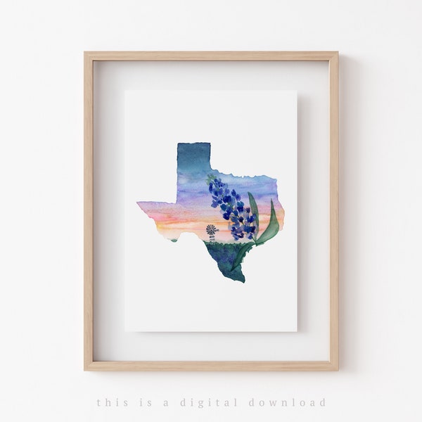 Texas Bluebonnet afdrukbare Wall Art Print | Staat van Texas wand decor | Aquarel bloemsierkunst afdrukbare