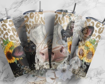 20 oz cute cow tumbler wrap, Sunflowers, leopard print, PNG, Instant download