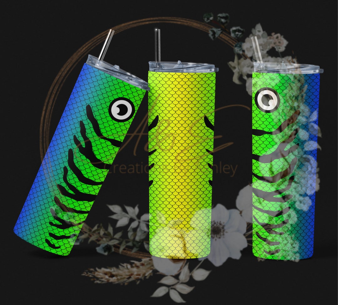 20 Oz Blue, Green and Yellow Fishing Lure Tumbler Wrap, Png, Instant