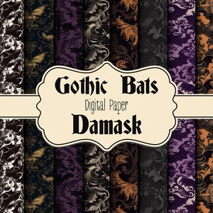 Gothic Bats Damask Digital Paper Pack | Seamless Patterns | Instant Download | Printable Scrapbook Paper | Wallpaper | Fabric Pattern