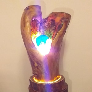 Abstract wooden sculpture, resin lamp, illuminated resin, natural wooden lamp, illuminated sculpture, made entirely by hand.