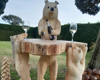 Wooden table, with sculpture of 4 party bears, a one-of-a-kind original and creative idea, made entirely by hand.