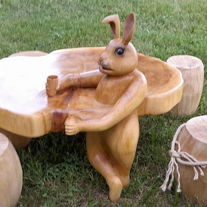Table with Easter bunny and Easter eggs, table in fir wood made entirely by hand. Original and one of a kind.
