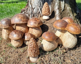 Steinpilze und Holzmorcheln, die originale Holzskulptur aus einem einzigen Holzblock, komplett von Hand gefertigt.