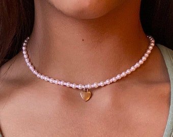 Pink Heart Pearl Necklace, Choker, Beaded Necklace, Summer Necklace, Gifts For Her