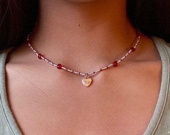 Red Heart Silver Necklace, Beaded Choker, Charm Necklace, Gifts for Her