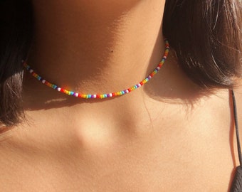 Dainty Rainbow Choker, Beaded Necklace, Summer Boho Necklace, Pride, Gifts For Her