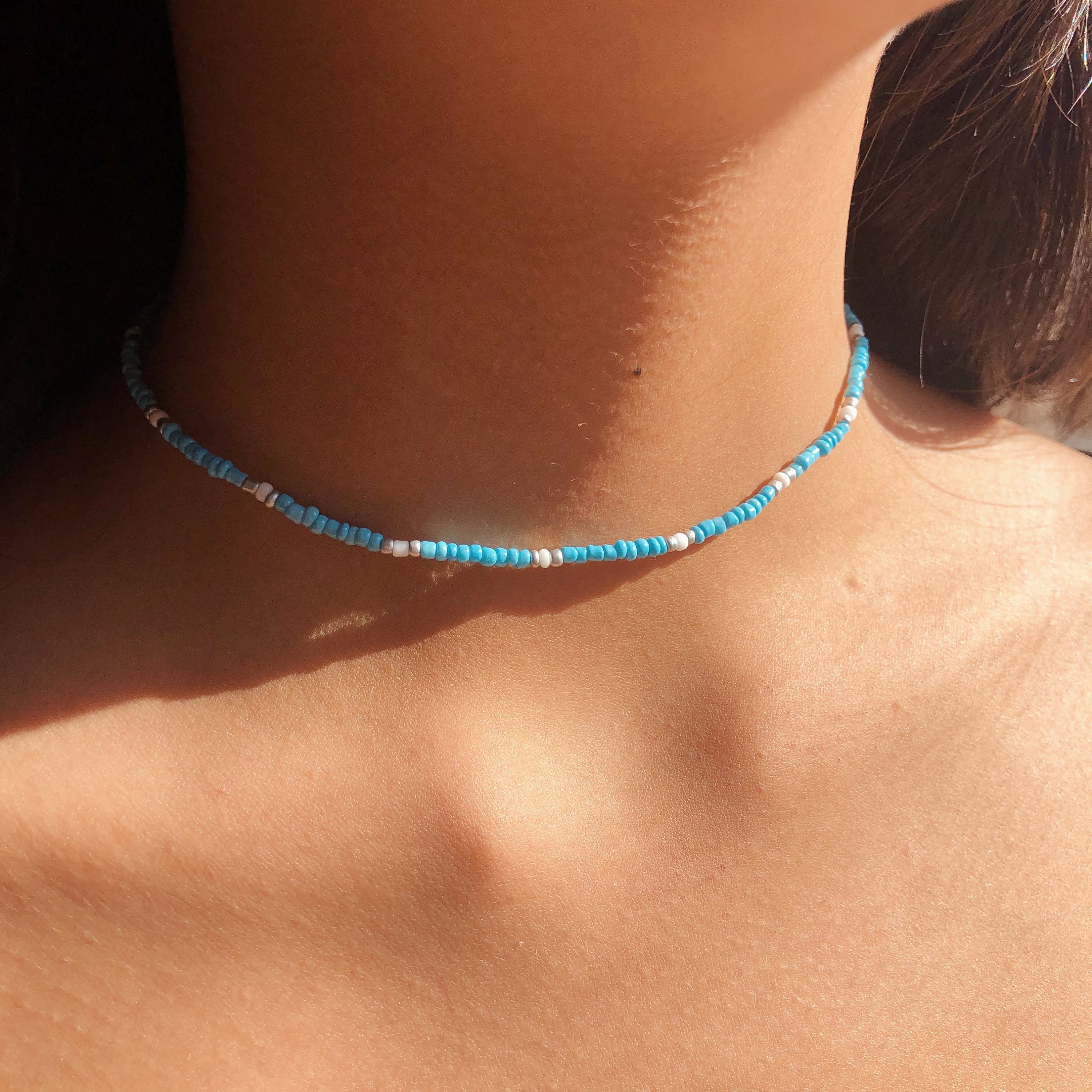 Dainty Blue and White Choker Necklace Summer Beachy - Etsy