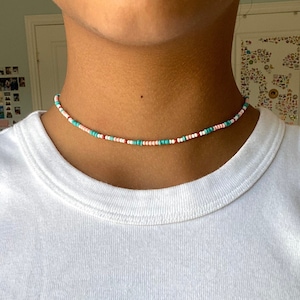 Dainty Beach Vibes Choker, Teal and Coral, Beaded Necklace, Summer, Beach, Boho, Gifts for her